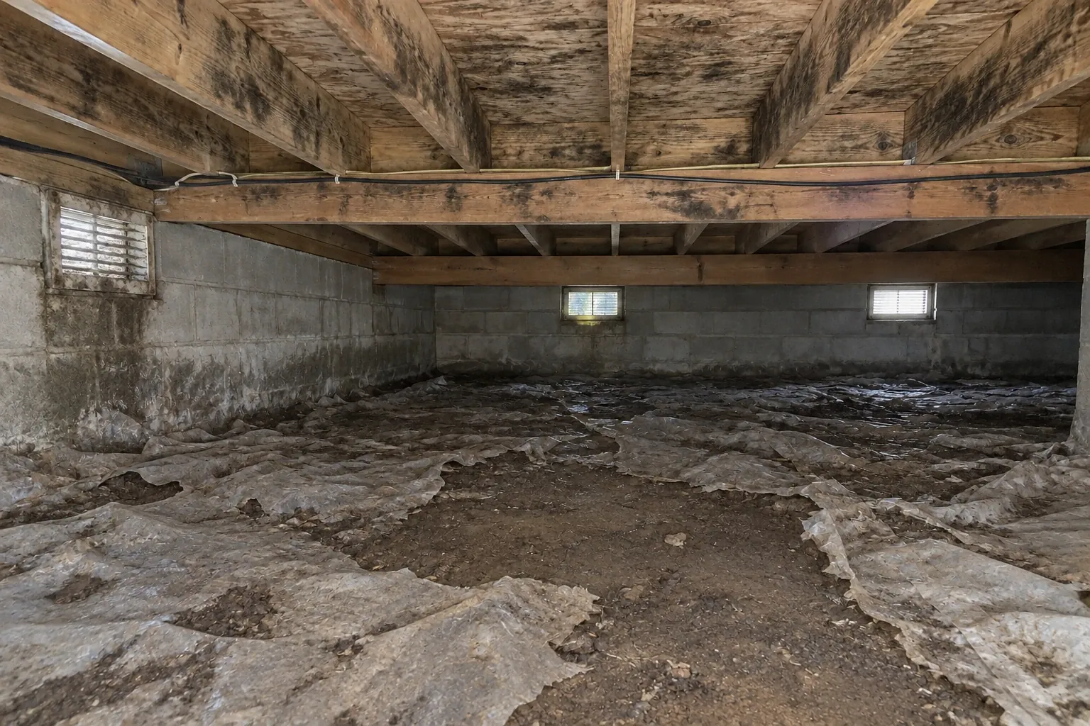 Before: Heavy mold staining covers the crawl space joists with an old, damaged vapor barrier on the damp dirt floor.