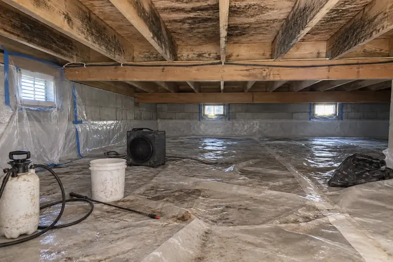 Mold remediation in Everett crawl space with ventilation mold, in progress: During remediation, mold is being aggressively removed from joists with containment in place to prevent spread.