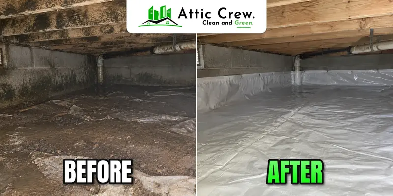 Mold remediation in Marysville crawl space with plastic containment: before and after