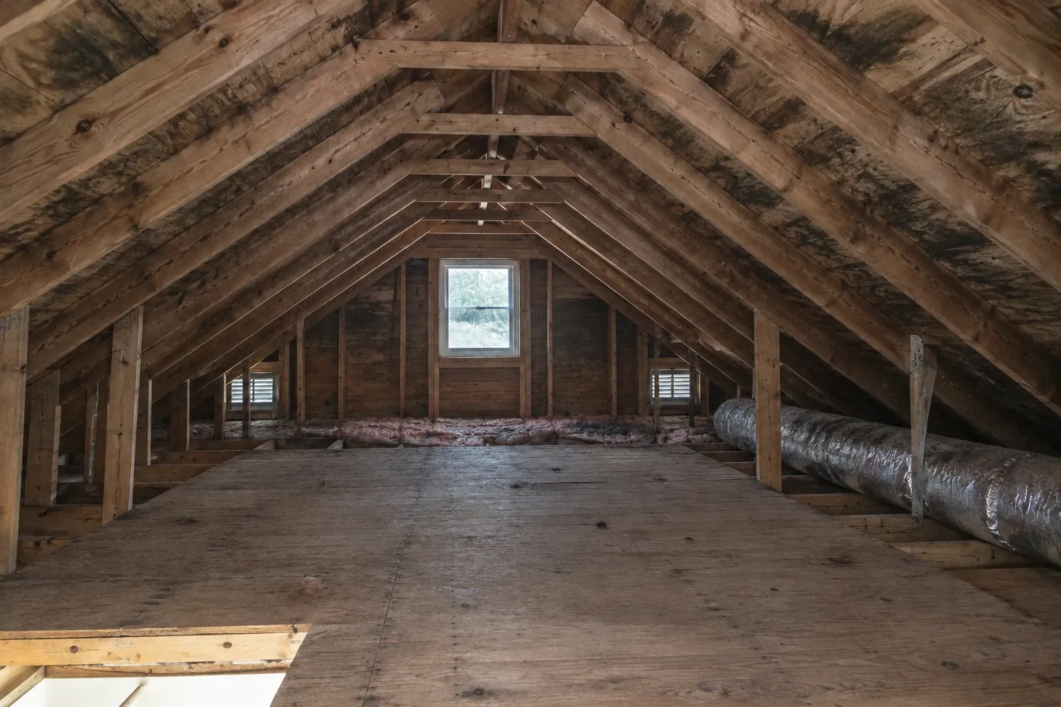 Before: Heavy mold growth covers much of the attic roof sheathing, with damp, compressed insulation below.