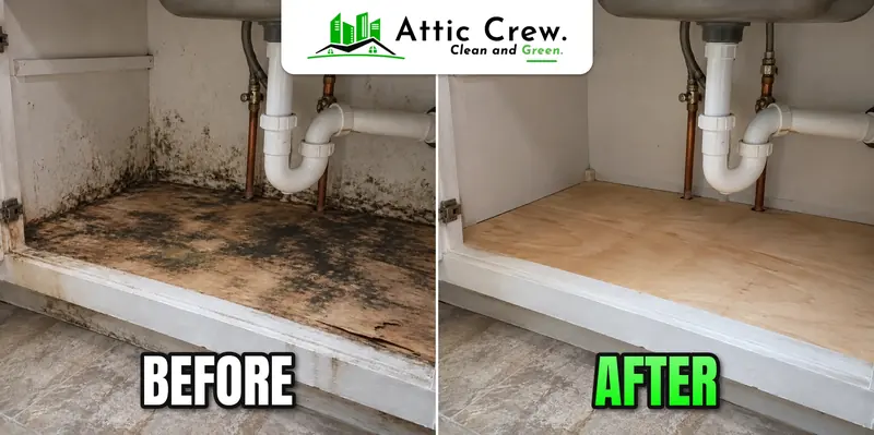 Moldy subfloor replaced under a kitchen sink: before and after
