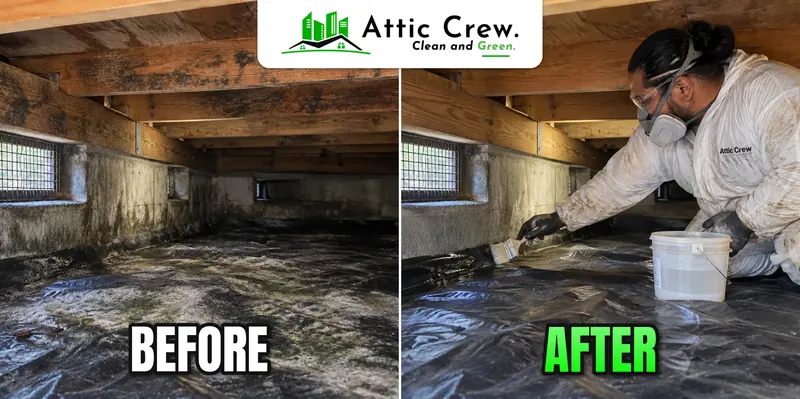 Musty crawl space treated for mold: before and after
