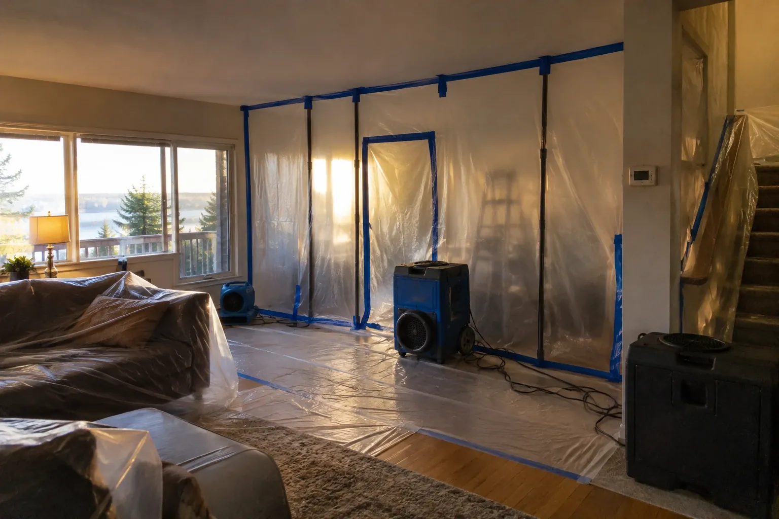 Plastic containment and an air mover set up in a living room.