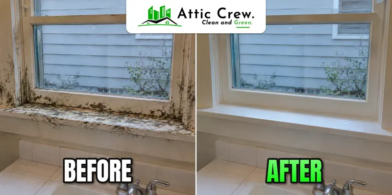 Window sill and frame mold cleaned: before and after