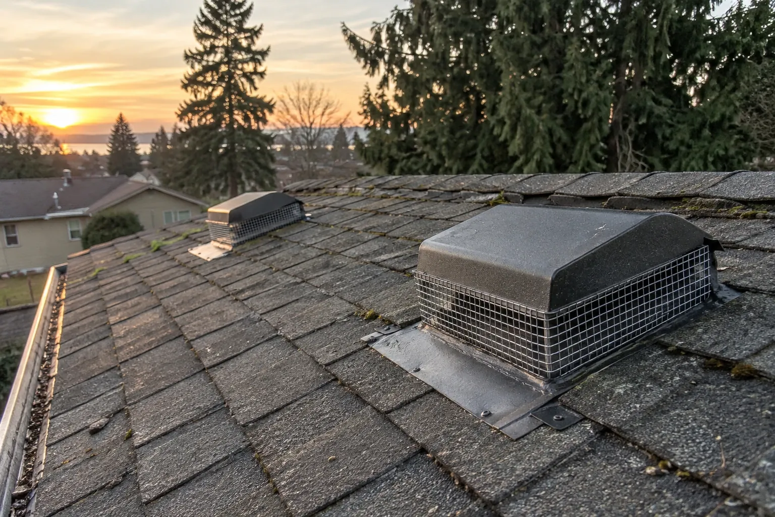 A roof vent fitted with steel mesh.