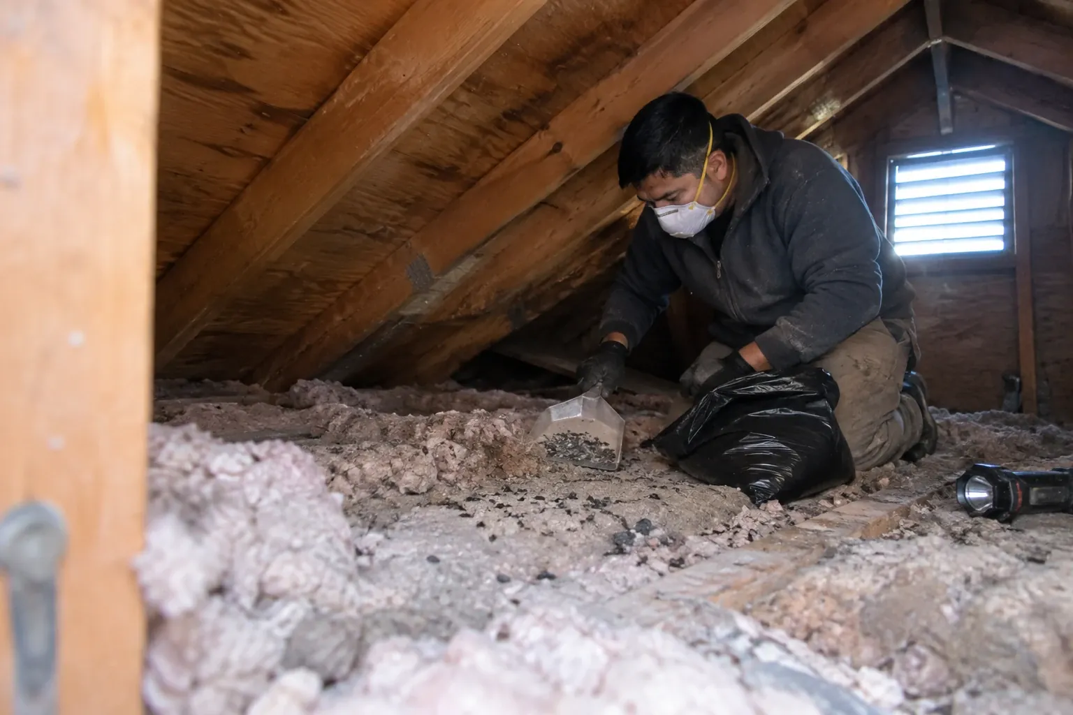 A technician inspects attic insulation for rodent droppings and seals entry points with steel mesh in a Craftsman bungalow.