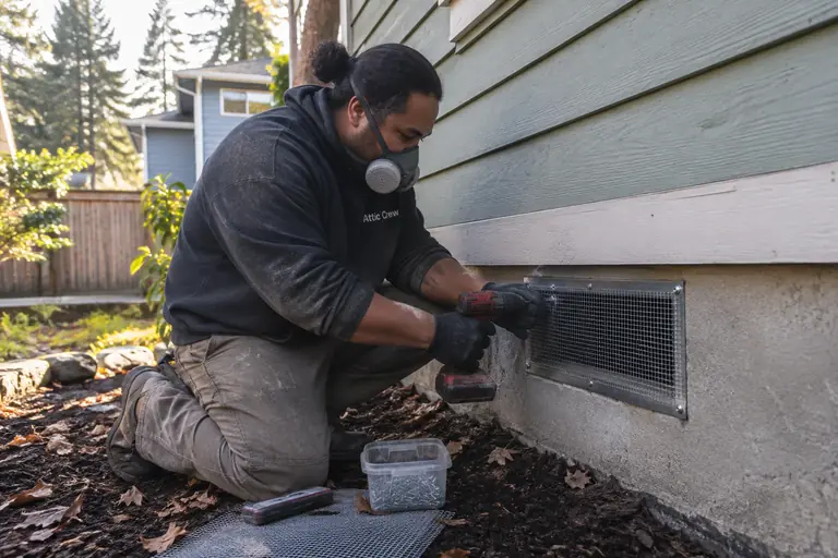 A technician installs a steel mesh screen over a foundation vent.