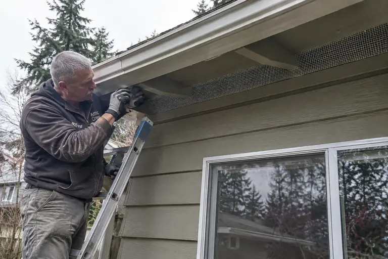 A technician seals the eave line with steel mesh from a ladder.