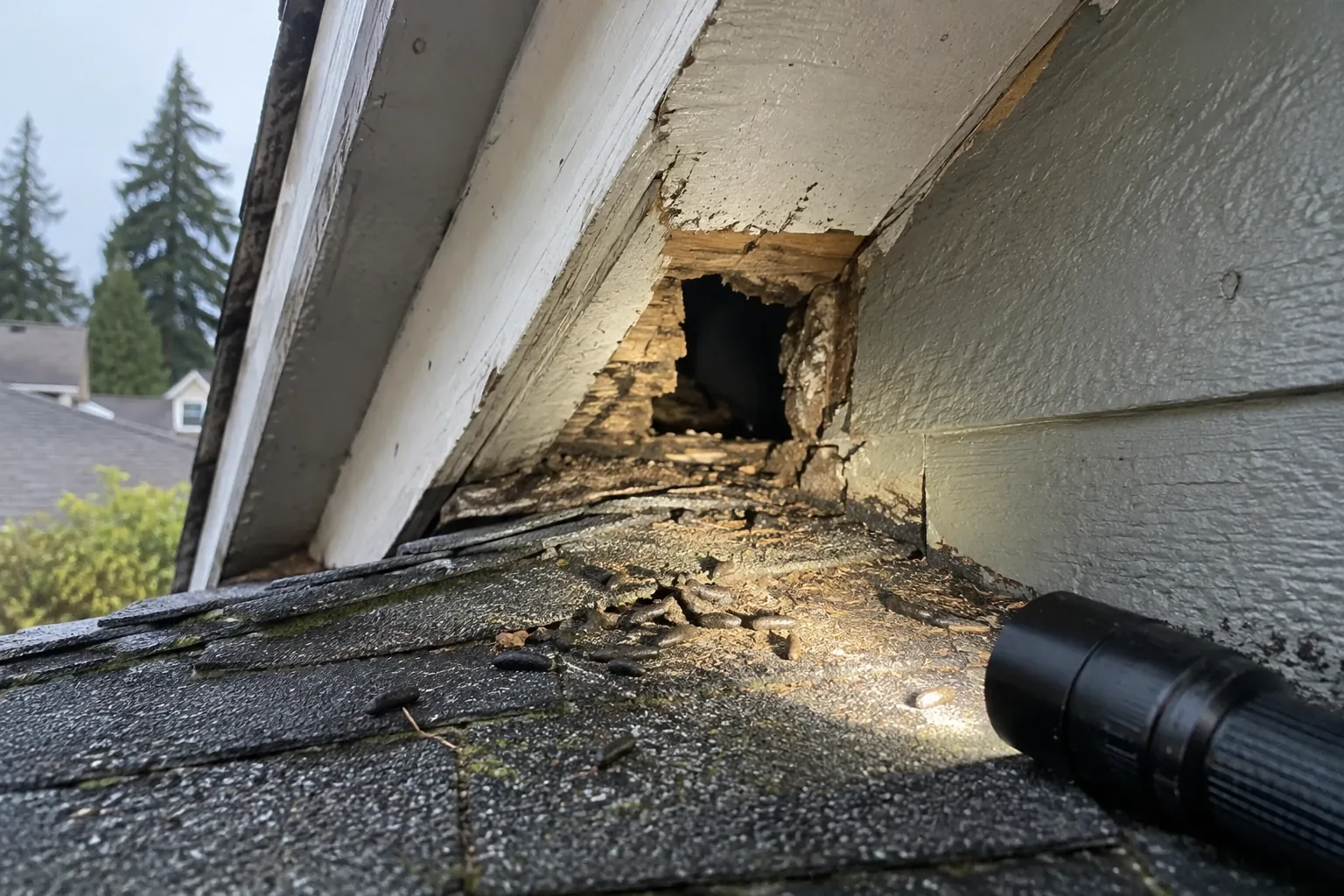 Close-up of a gnawed gap at a roof return, lit by a flashlight.