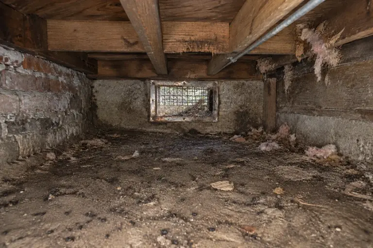 Crawl space rodent proofing in a Seattle Craftsman bungalow, before: The crawl space shows extensive rodent infestation signs, including droppings, nesting materials, and damaged vent covers.