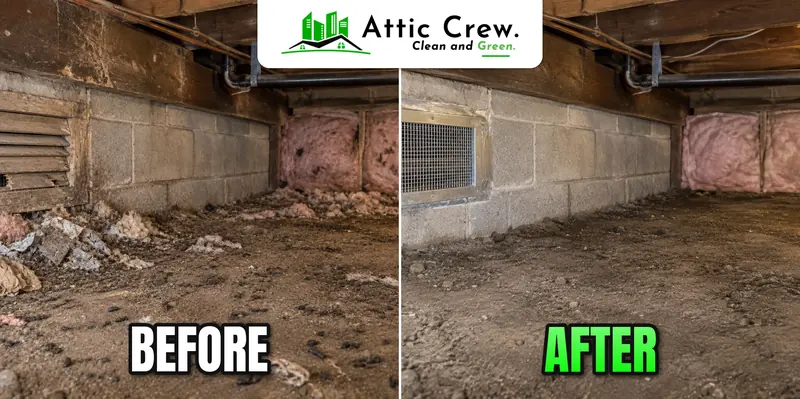 Crawl space rodent proofing in a Tacoma two-story home: before and after