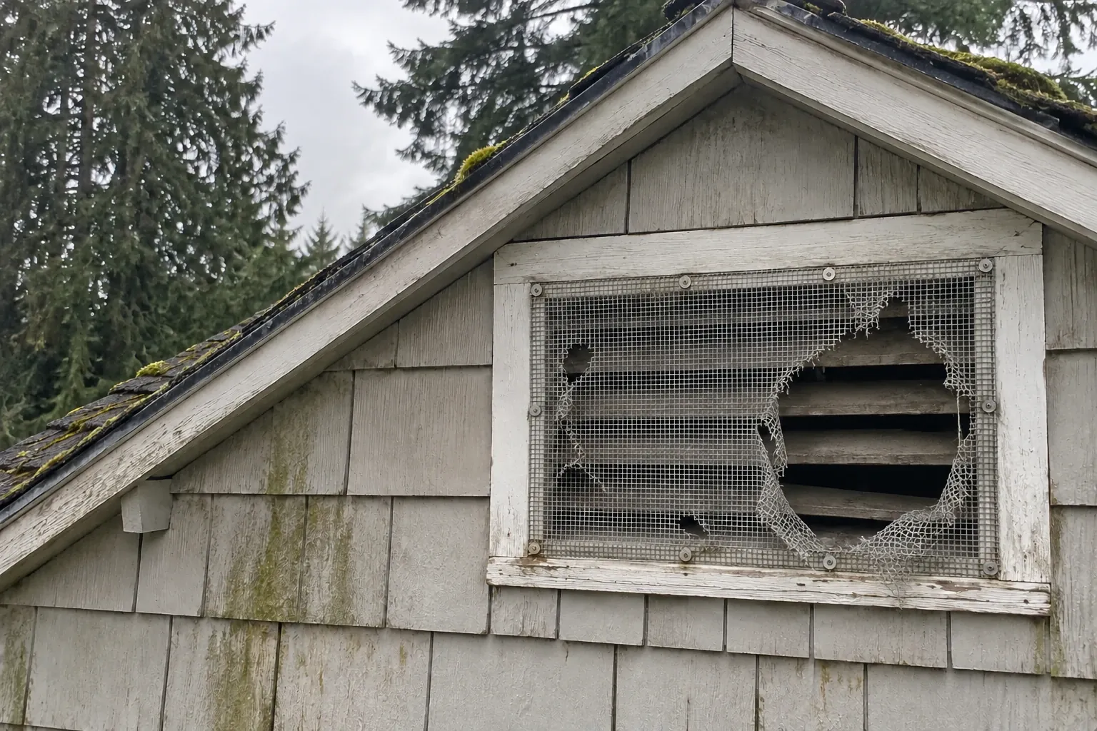 Before: The gable vent screen is badly torn with large holes, allowing rodent access into the attic.