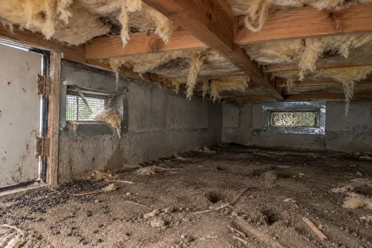 Rodent proofing a two-story home's crawl space, before: The crawl space shows heavy rodent activity with visible droppings, torn insulation, and damaged vent screens allowing entry.