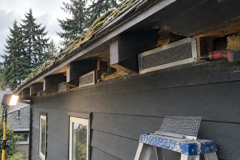 Rodent proofing the eaves of a Seattle Craftsman bungalow, in progress: A technician inspects and clears out droppings and nesting debris from under the eaves.
