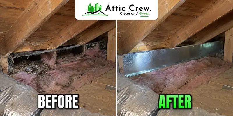Roof return gap sealed with sheet metal and mesh: before and after