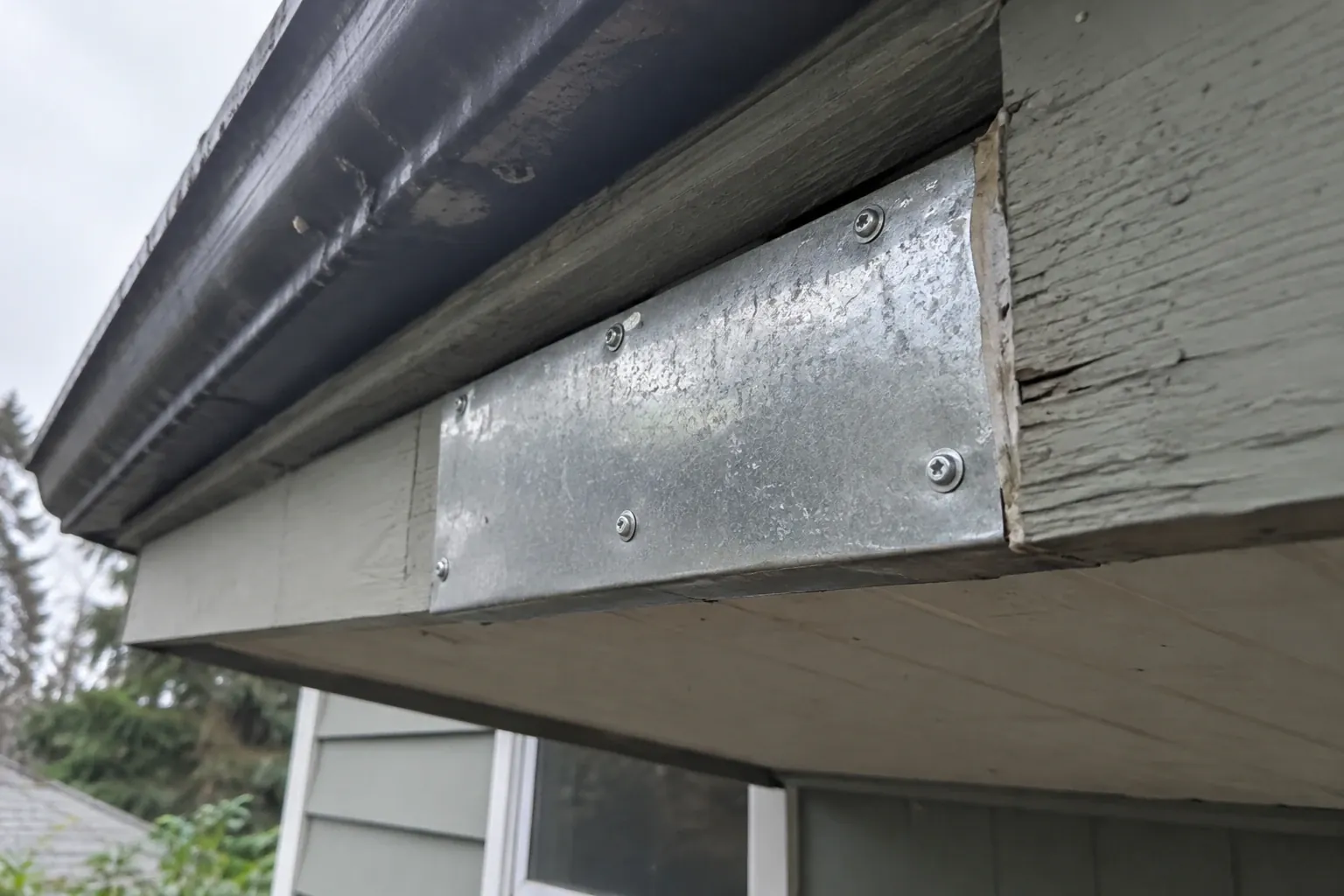 Sheet-metal patch over a rodent-chewed hole in a fascia board.