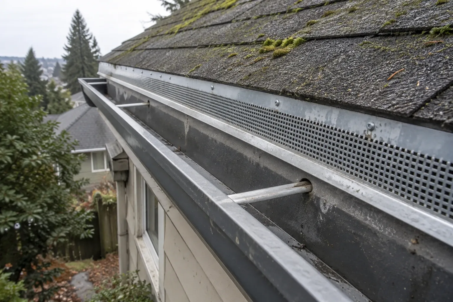 Steel mesh sealing the eave line along a gutter.