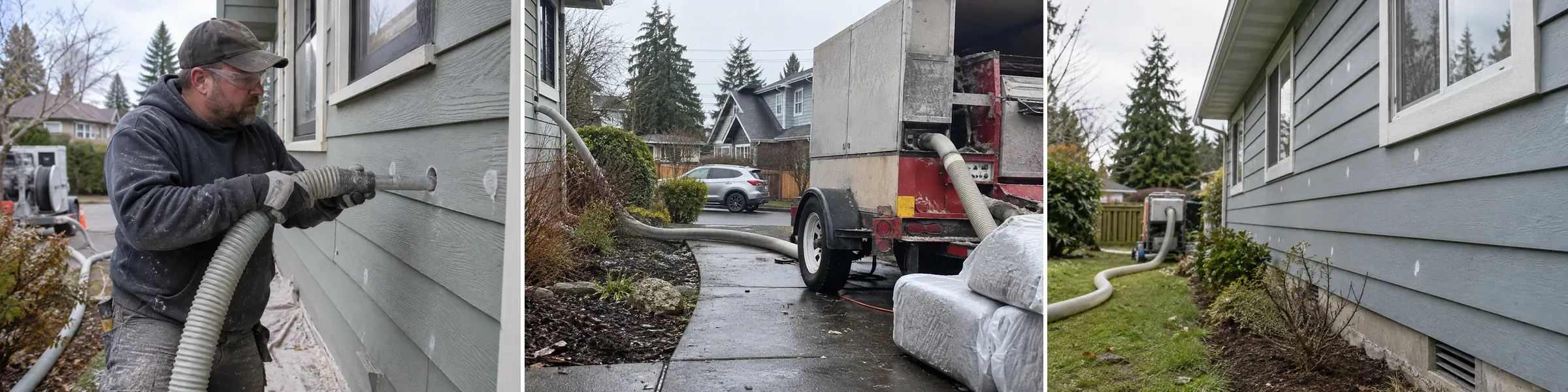 Blowing insulation into an exterior wall, the insulation machine at the curb, and finished patched siding